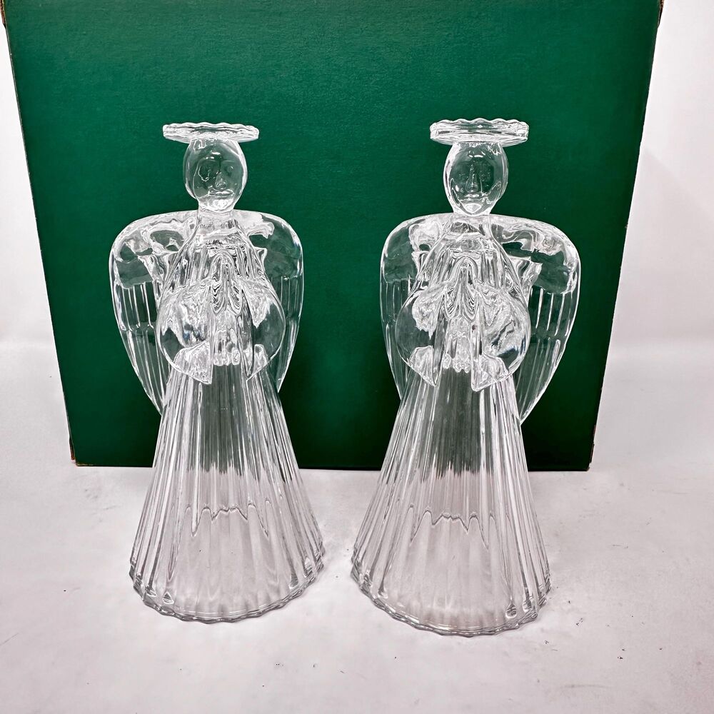 The American Crystal Collection 7.25 Angel Candle Holders Set of 2 Vtg W/ Box